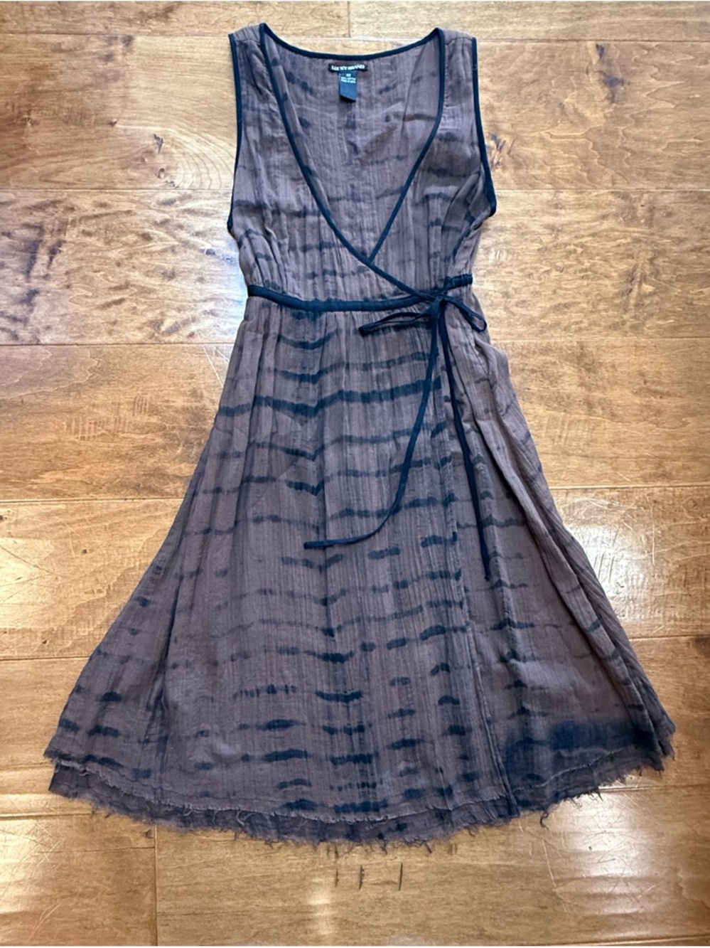 Lucky Brand Y2K Gauze Wrap Dress Brown Tie Dye Raw Hem Boho XS